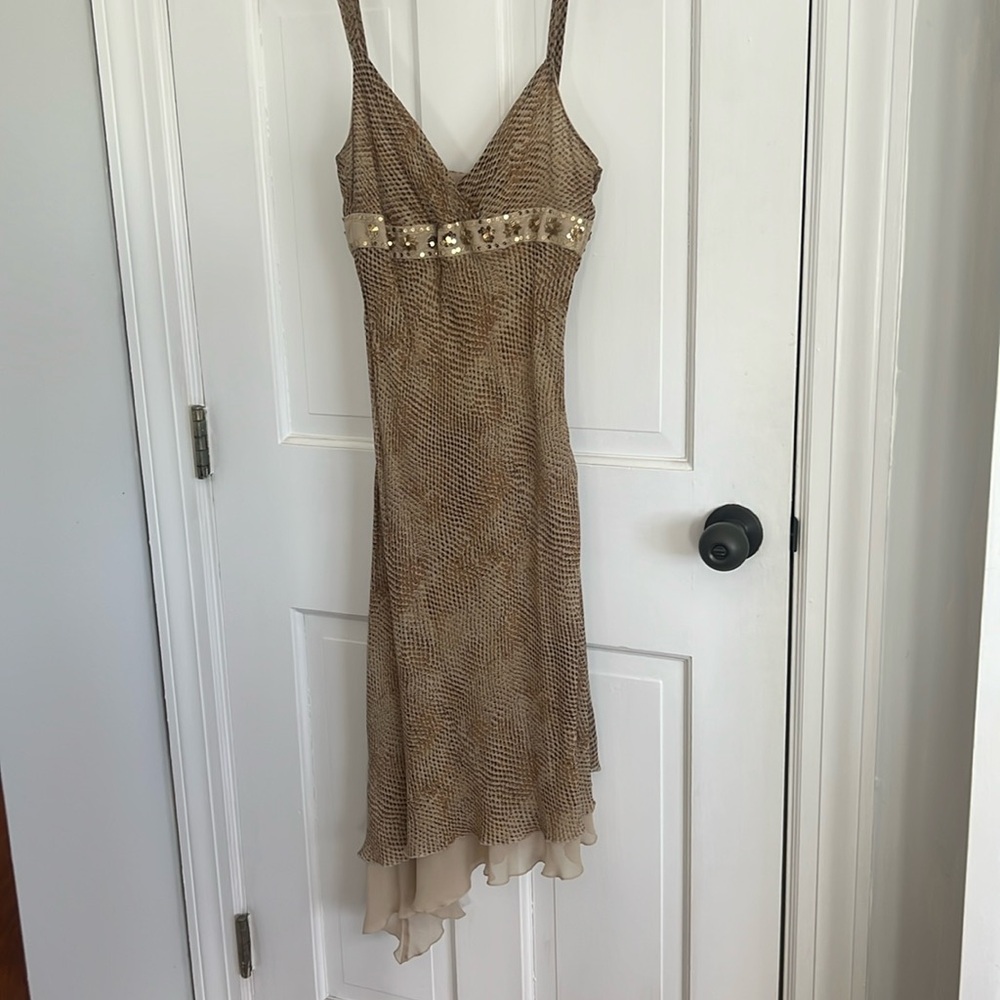 Marciano Asymmetrical Beaded Tan Brown Dress